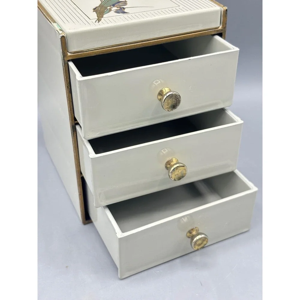 Vintage Otagiri Japan‎ Grand Iris Jewelry Box 3 Drawer Mirror Cream Lacquerware